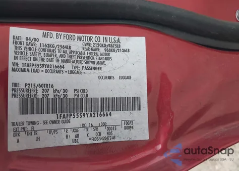 2000 Ford Taurus Ses z USA, uszkodzony, nr VIN 1FAFP55S9YA216664